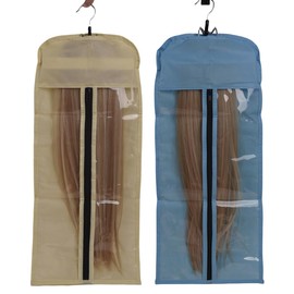Yamel Hair Extensions Hanger with Storage Bag 2 Pieces Blue Beige Hairpieces Storage Holder Wigs Carrier Case for Store Style Hair