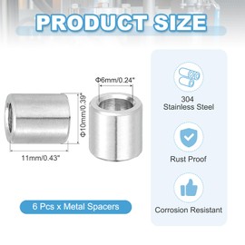 PATIKIL 6 Pcs Stainless Steel Spacers, 6mm ID x 10mm OD x 11mm Height 304 Stainless Steel Bushing Screw Standoff Unthreaded Round Spacer for 1/4" M6 Screws Bolts Nuts