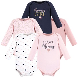Hudson Baby Unisex Baby Cotton Long-Sleeve Bodysuits, Girl Mommy Pink Navy, 3-6 Months