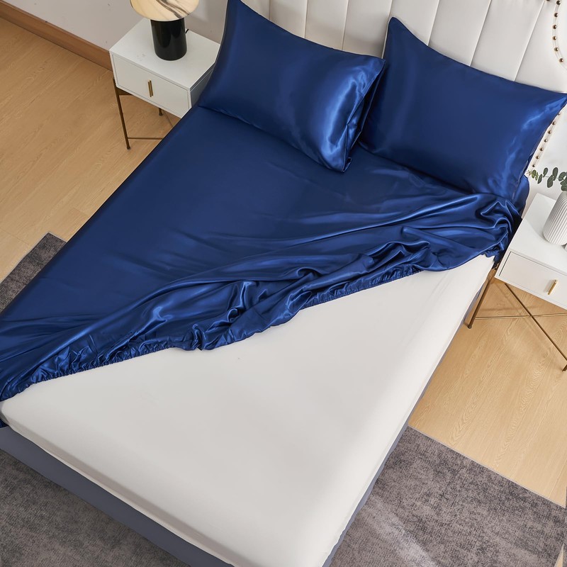 DuShow Satin Fitted Sheet King Navy Blue,Silky Deep Pocket Satin