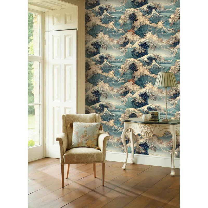 Vintage Ocean Wave Wallpaper, Japanese Art Inspired Seascape Wallpaper