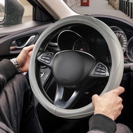 PJBTYZ High-Grade Gray Genuine Leather Steering Wheel Cover for Men Women，Real Cowhide Leather Steering Wheel Cover for Cars,Universal 14.5-15 inch Steering Wheels