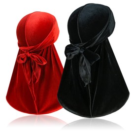 Velvet Men Durag –Premium Durag Cap Headwraps (2PCS) with Extra Long Tail and Wide Straps for 360 Waves, Black+red, One Size