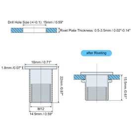 sourcing map M12 Rivet Nuts, 50pcs Zinc Plated Carbon Steel Knurled Flat Head Threaded Insert Nuts for Metal, Plastic