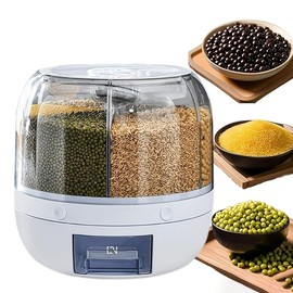 Wnnideo Rotating Grain Storage Bin 6 Grids Rice Container One-Click Output Large Capacity Food Dispenser For Rice Grains or Pet Food Sealed Moisture Proof Organizer
