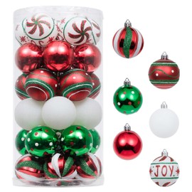 Valery Madelyn Christmas Baubles 30 Pieces 6 cm Plastic Christmas Tree Baubles Decoration with Hangers Classic Series Theme Red Green White