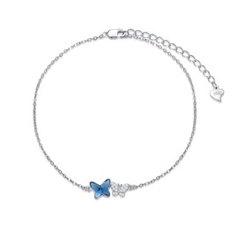 Butterfly Anklet for Women 925 Sterling Silver Link Adjustable Foot Bracelet Anklet with Blue Butterfly Crystal from Austria, Anklet Gifts for Women Girls