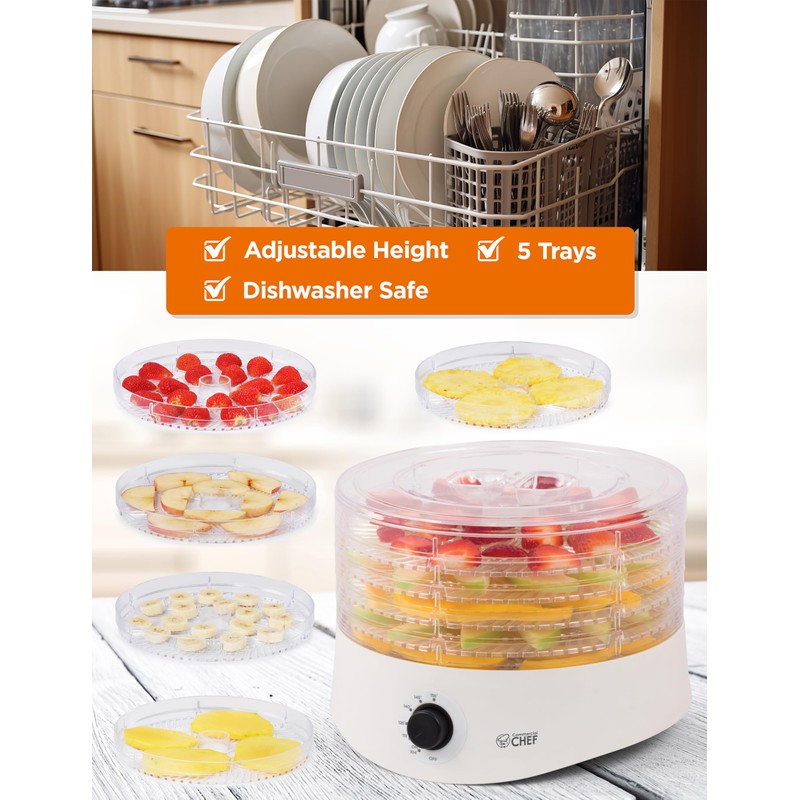 Commercial Chef Food Dehydrator, Five 9.25” BPA-Free Plastic Trays, Dehydrates