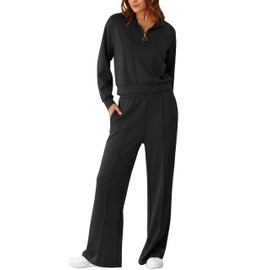 RUBZOOF Womens 2 Piece Outfits Sweatsuit Half Zip Sweatshirt Tracksuit Sweatpants Lounge Sets Black M
