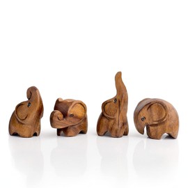 Crafty Artisan hand carved cute elephant ornaments for the home-great for animal lovers -anniversary—elephant gifts for her -wooden gifts wooden- set of 4