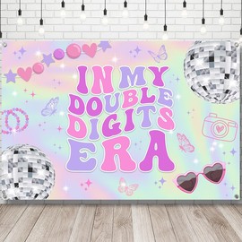 in My Double Digits Era Backdrop Banner, Iridescent 10th Birthday Decorations for Girls Banner, Double Digits Era Party Decor 59" X 39
