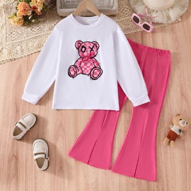 WMHNEI Toddler Girls Clothes Outfits Drop Shoulder Cartoon Pattern Pullover Split Hem Pants 2PC Outfit Set(2-3T)