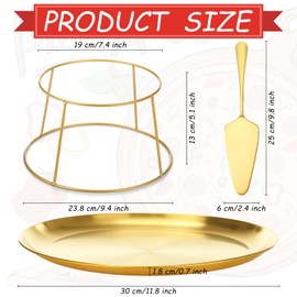 Yiyiring 12 Pcs Pizza Pan Riser Stands Sets Includes 4 Metal Pizza Table Stands 4 Pizza Pan and 4 Wood Handle Pie Server, Pizza Rack Stand Pizza Tray for Pizza Dessert Cheese(Gold,Round)