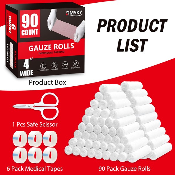 DMSKY Gauze Rolls 90 Pack, 4 in x 4.1 Yards,