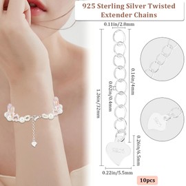 Beebeecraft 1 Box 10Pcs Twisted Extender Chains 925 Sterling Silver Jewelry Extender Extension End Chains with Heart Chain Tabs for Necklace DIY Jewellery Making Crafts (32mm)