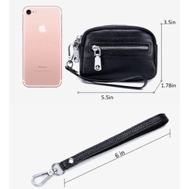 Genuine Leather Mini Wristlet Wallet Coin Pouch Handbag Clutch with Wrist Strap (Black)