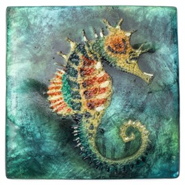 Cottage Garden Hand Painted Iridescent Capiz Shell Square 3 x 3 inch Keepsake Decorative Memory Trinket Jewelry Ring Earring Necklace Organizer Vintage Box with Lid, Dark Green Seahorse