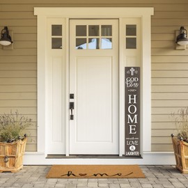 Isaric Bless This Home Vertical Sign,Vertical Wooden Welcome Sign,Rustic Wooden Vertical Sign,God Bless Our Home with Love & Laughter Sign for Front Door,8*48Inch Farmhouse Retro Wall Art Wood