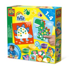SES Creative 14442 - My First - Fingerprint Paint Dinos, 10 Colouring Pages with Easily Washable Paint, Complete First time Painting Set for Children Ages 1-4