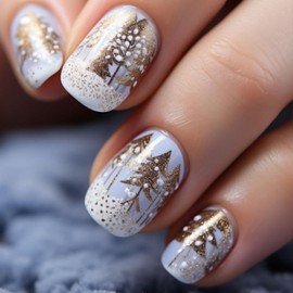 24 Pcs Christmas Nails Short Square Press on Nails with Winter Christmas False Nails with Golden Glitter Xmas Tree Design Sparkly Fake Nails Full Cover Acrylic Nails Christmas Stick on Nails for Women