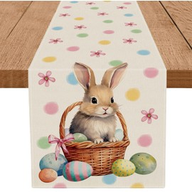QIONG MENG Easter Table Runner Bunny Eggs Basket Flowers Burlap Table Decoration Spring Holiday Home Party Kitchen Dining Table Supplies 13x36 Inch