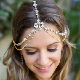 Elegant Wedding Brides Women Iced Out Headchain Hair Jewelry Head Chain Wedding Bohemian Crystal Layering Hair Piece Rhinestones Head Piece (Gold)