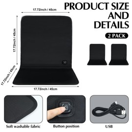 Wenqik USB Portable Heated Seat Cushion 17.72"x17.72" Heated Stadium Seat Cover 3 Mode Adjustable Heated Seat for Outdoors with Back Support Heating Pad for Chair at Work Office Bench (Black, 2 Pcs)