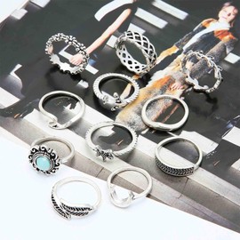 TseenYi Vintage Moonstone Rings Set Boho Silver Stackable Midi Retro Hand Jewelry for Women Girls Pattern 3, Metal