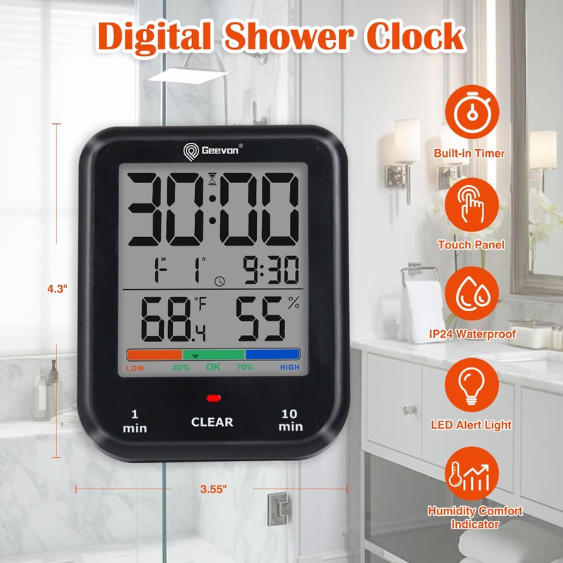 Geevon Digital Bathroom Clock, Waterproof Shower Timer with Large Touch