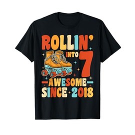 Rolling Into 7 Birthday Roller Boy Girl Retro Roller Skater T-Shirt