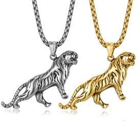 Kawailay 2 Pcs Tiger Necklace Roaring Tiger Necklace Gothic Punk Biker Rock Hip Hop Pendant Necklace for Men Women - Gold and Silver