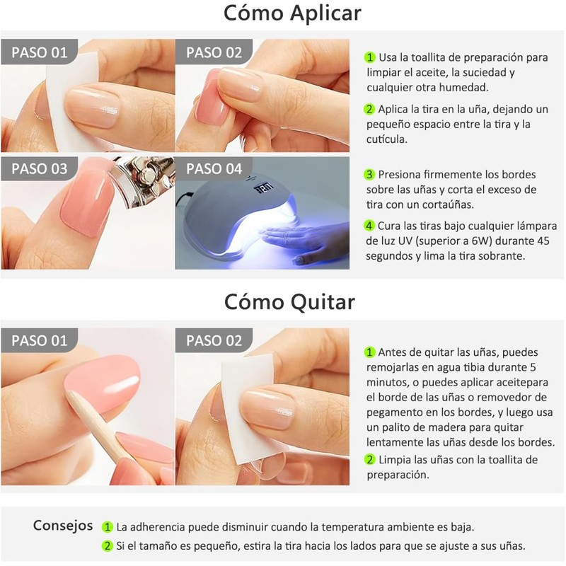 Cherimoya 14Pzs Tiras de Uñas de UV gel Semicuradas LED