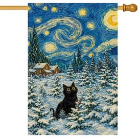 Christmas House Flag 28x40 Inch Large Winter Black Cat Farmhouse