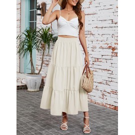 Arolina Maxi Skirt for Women Summer Boho Elastic High Waist Pleated A-Line Flowy Ruffle Swing Tiered Long Beach Skirt Dress Beige