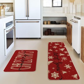 Artoid Mode Xmas Trees Snowflake Let It Snow Christmas Kitchen Mats Set of 2, Winter Decor Low-Profile Kitchen Rugs for Floor - 17x29 and 17x47 Inch