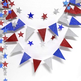 Red Blue White/Silver Star Garland and Triangle Pennant Banner Kit for Party Celebration Decor Party Hanging Decoration for Bithday/Wedding/Home/Cavinal/Home/Outdoor/Ceiling/Christmas