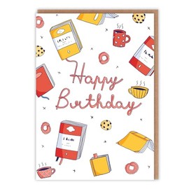 Book Lovers Theme Birthday Card - Cute Illustrations of Fiction Lover Essentials 'Happy Birthday' - Cute Birthday For Her For Him