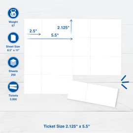 PrintWorks Printable Raffle Tickets With Tear-Away Stubs for Events & Fundraisers - 2000 Custom Tickets (Size 2.125" x 5.5") - 8 per Sheet - 250 Sheets (8.5" x 11") - Made in the USA - White (04296)