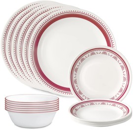 Corelle Everyday 18-PC Dinnerware Set Service for 6, Durable and Eco-Friendly, Higher Rim Glass Plate & Bowl Set, Microwave and Dishwasher Safe, Sadie