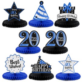 LASKYER Happy 20th Birthday Party Decorations, Glitter Shiny Honeycomb Table Centerpieces Twenty Years Old Birthday Party Photoprop Sign. - Blue Glitter