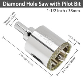 Qjaiune 1-1/2 Inch / 38mm Diamond Hole Saw with Pilot Drill Bit, 1-9/16 Inch Cutting Depth Glass Hole Saw Tile Hole Saw Drill Bit, Ceramic Hole Saw for Marble, Granite, Fiberglass, Porcelain, Quartz