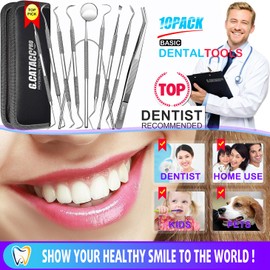 G.CATACC 10 Pack Dental Tools, Professional Plaque Remover for Teeth Cleaning Tools Set, Stainless Steel Hygiene Kit with Dental Pick Tooth Scraper Plaque Tartar Remover Tongue Cleaner - with Case