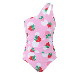 Valseclub Girls One Piece Swimsuit One Shoulder Bathing Suit with Adjustable Straps Floral Print Quick Dry Swimwear Beachwear 7-16 Years Strawberry