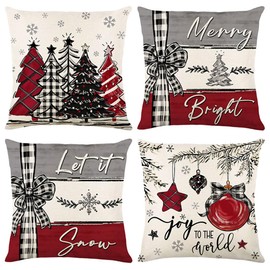 BCKAKQA Set of 4 Christmas Throw Pillow Cases 18 x 18 inches Red Black Grey Cushion Covers 45cm x 45cm Linen Square Throw Pillow Covers Xmas Decorations for Living Room Bedroom Sofa Couch Bed