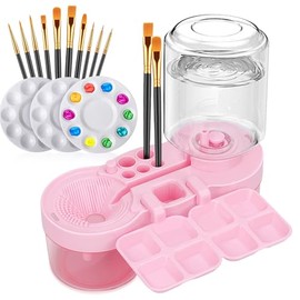 10 Pinceles Profesionales de Nailon para acrílico, óleo, Acuarela y témpera + Limpiador de Pinceles con depósito y 3 paletas para Artistas, Estudiantes y Estudios (Rosa)