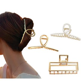 Pack of 3 Hair Styling Accessories for Women and Girls Hair Clip Large for Women Hair Clip Non-Slip Gold Metal with Pearls Hair Clips Ladies Fashionable