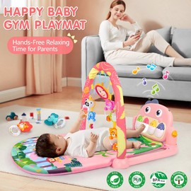 UMIKU Baby Play Mat Baby Tummy Time Mat Activity Center for Newborn Infant Piano Play Gym Mat Music & Light Babies Gifts Boy Girl for Babies 0-6 6-12 Months, Pink Dinosaur