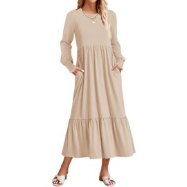 ZESICA Women's 2024 Fall Long Sleeve Dress Crewneck Casual Loose Pleated Tiered Swing Midi Dresses with Pockets,Apricot,Medium