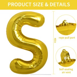 TONIFUL 40 Inch Large Gold S Letter Balloons Jumbo Helium Balloons, Foil Mylar Big Alphabet Balloons for Birthday Party Anniversary Valentine's Day Accessories Decorations