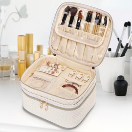 LOFOWN Large Makeup Bag for Women Double Layer Cosmetic Bag with Jewelry Organizer Compartment Waterproof Travel Toiletry Bag (B/White)